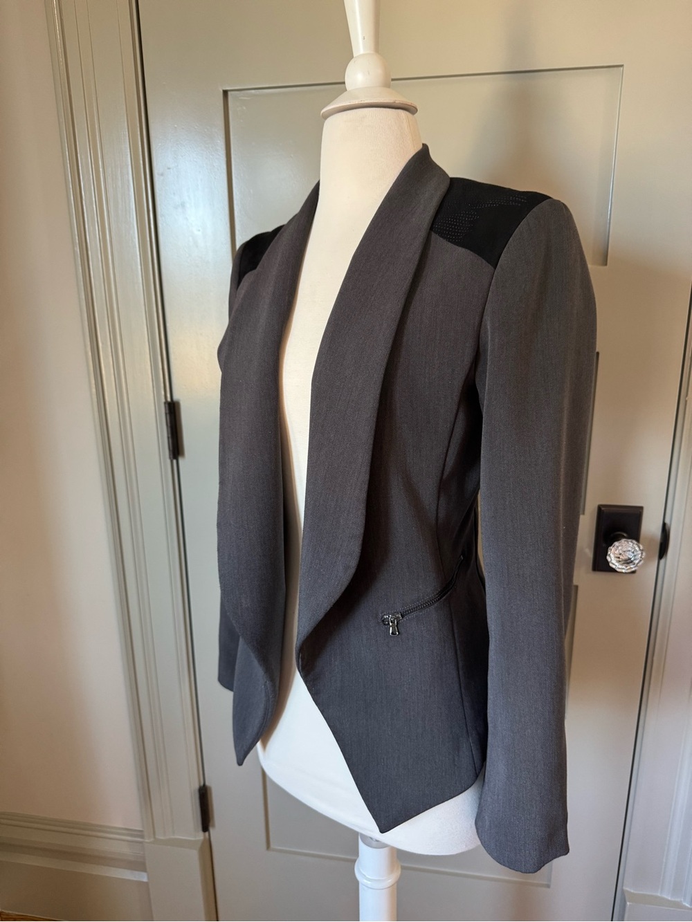Women's Gray Draped Open-Front Blazer Jacket with Accent Shoulders